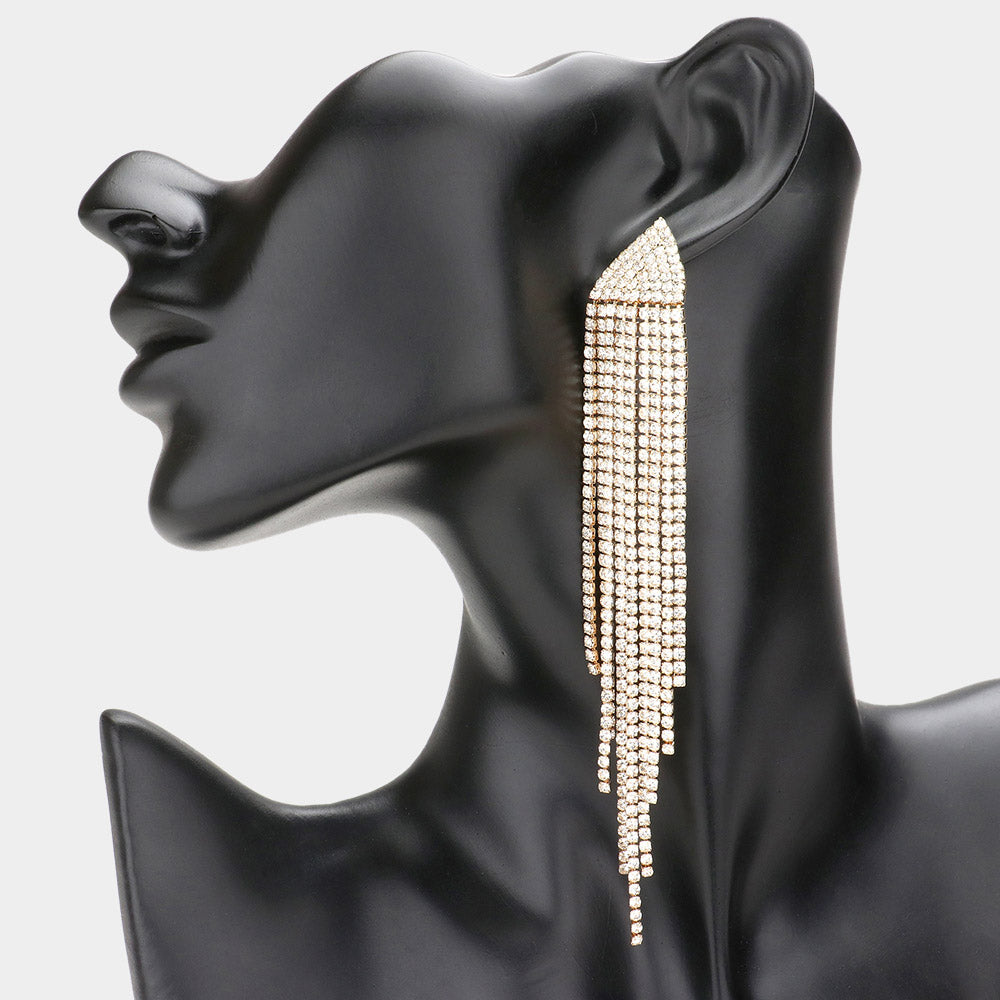 Very Long Clear Rhinestone Fringe Evening Earrings on Gold| Pageant Earrings