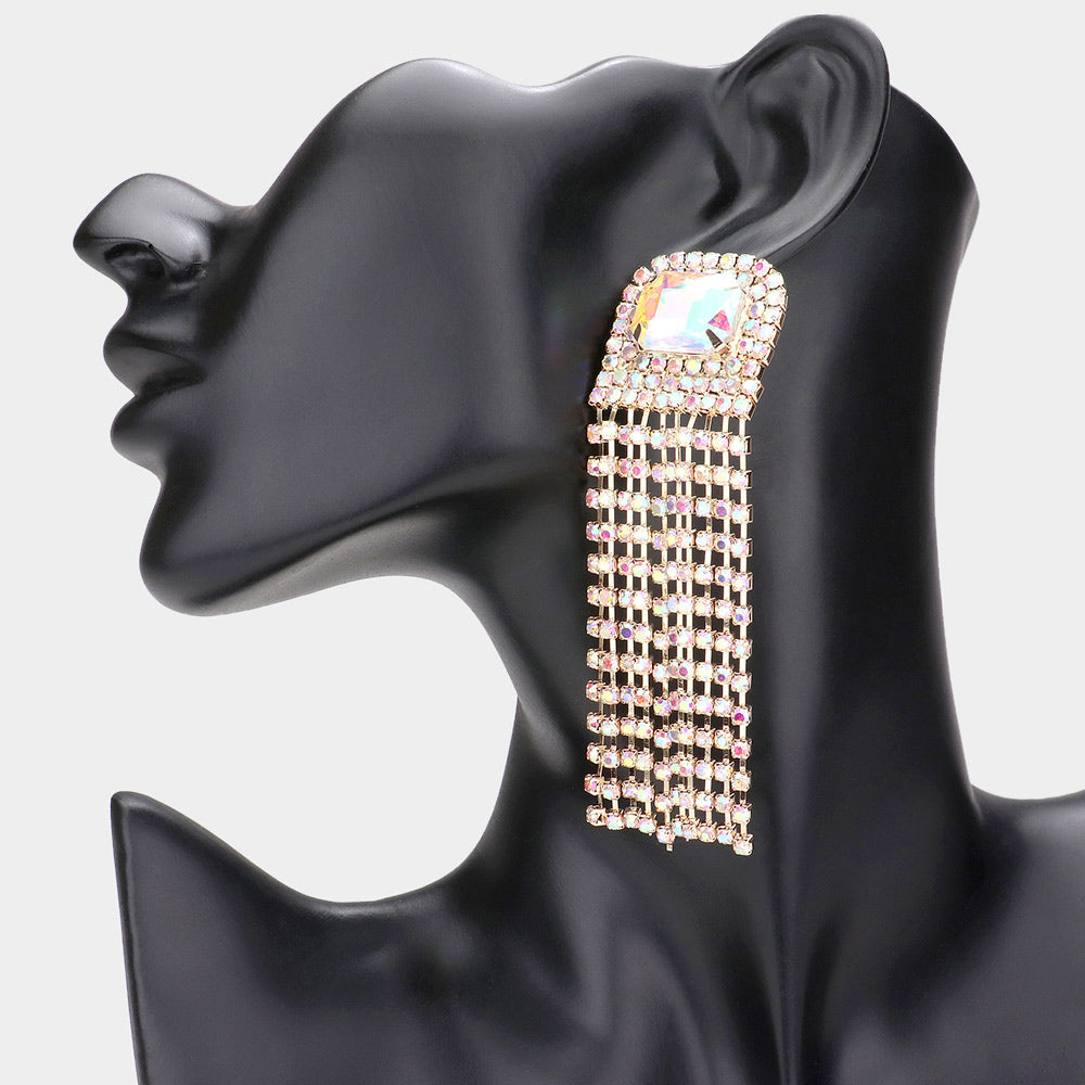 Emerald Cut AB Stone Accented Rhinestone Fringe Pageant Earrings on Gold | Prom Earrings
