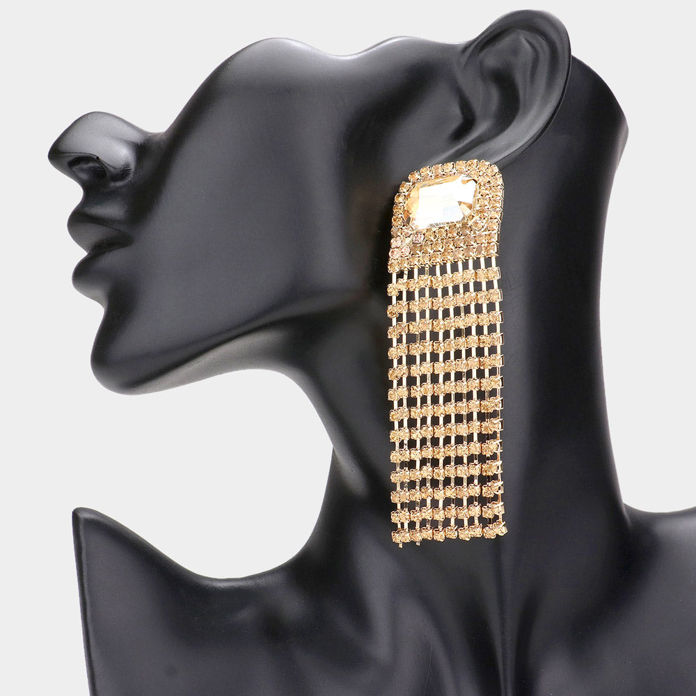 Emerald Cut Light Topaz Stone Accented Rhinestone Fringe Pageant Earrings on Gold | Prom Earrings