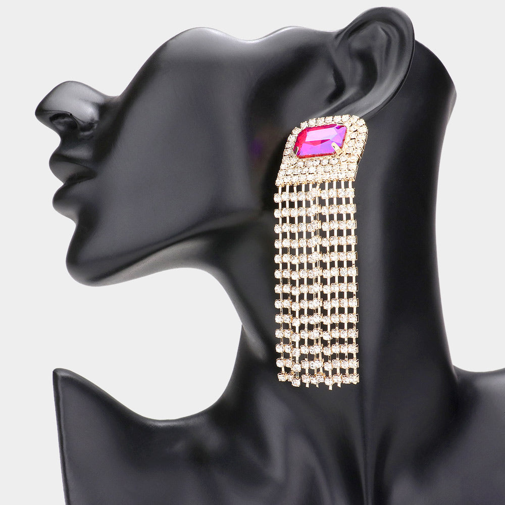 Emerald Cut Purple AB Stone Accented Rhinestone Fringe Pageant Earrings on Gold | Prom Earrings