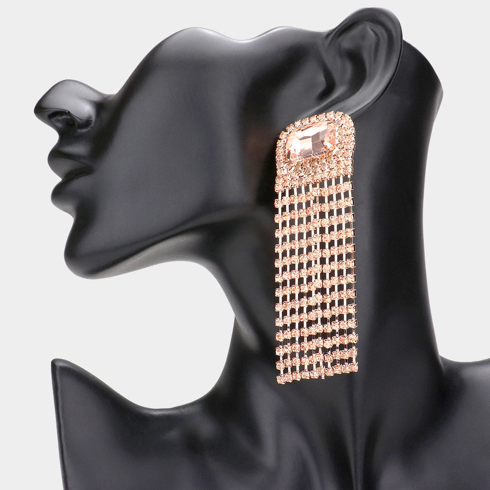 Emerald Cut Peach Stone Accented Rhinestone Fringe Pageant Earrings on Rose Gold | Prom Earrings