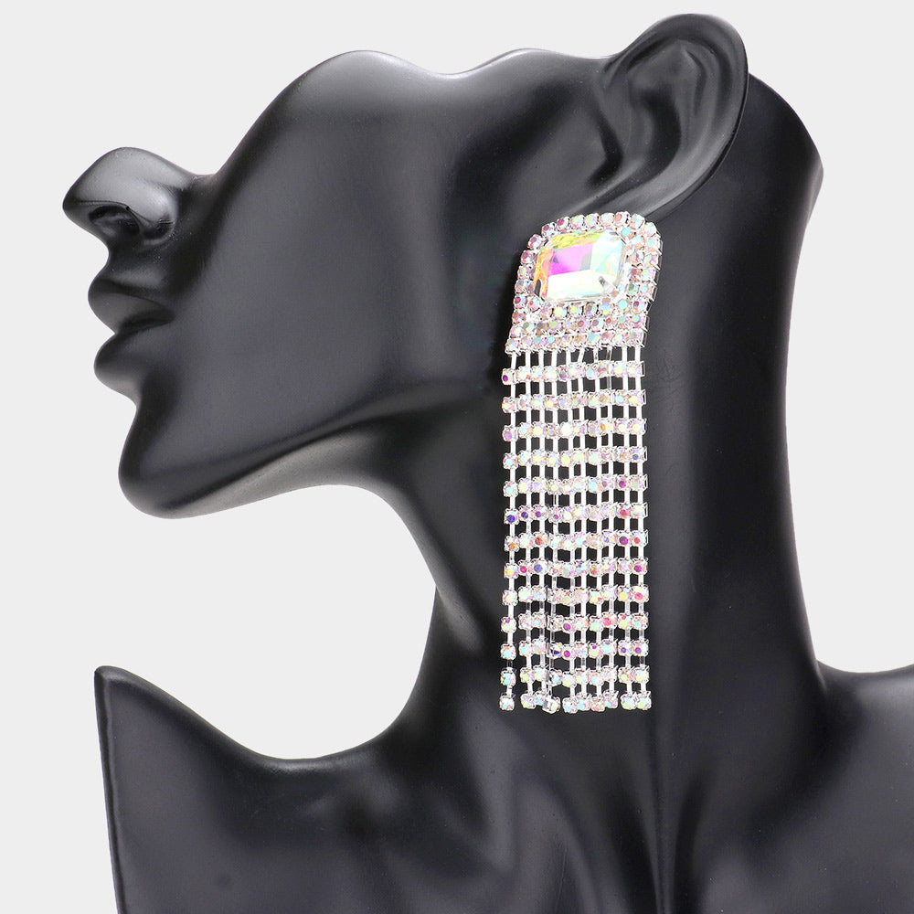 Emerald Cut AB Stone Accented Rhinestone Fringe Pageant Earrings  | Prom Earrings