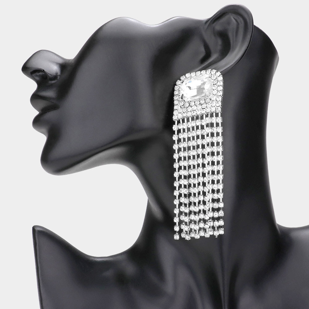 Emerald Cut Clear Stone Accented Rhinestone Fringe Pageant Earrings  | Prom Earrings