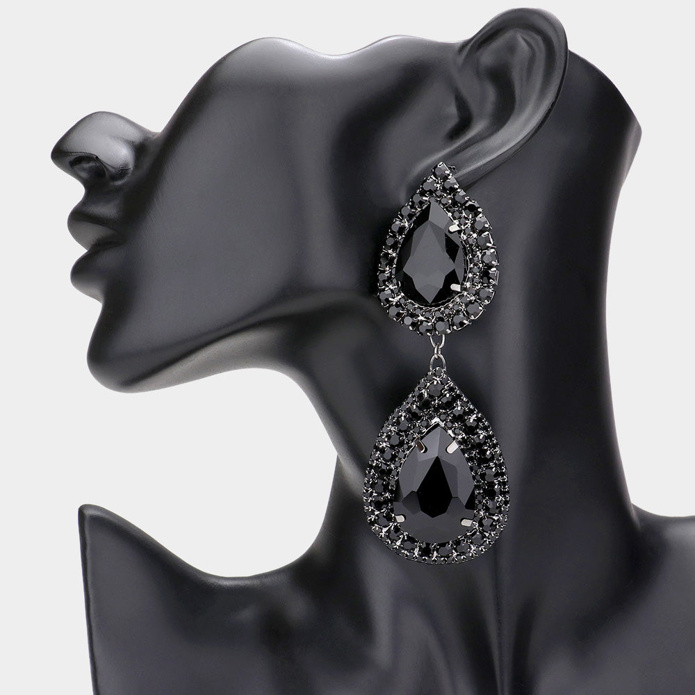 Black Crystal Double Teardrop Link Pageant Earrings | Prom Earrings