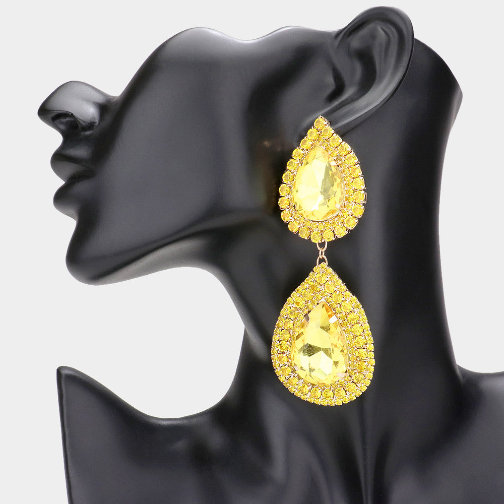 Yellow Crystal Double Teardrop Link Pageant Earrings  | Prom Earrings