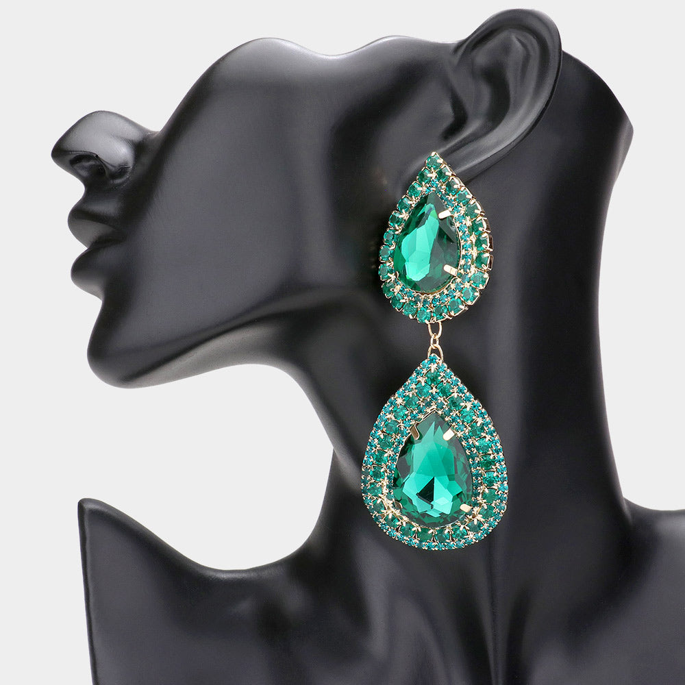 Emerald Crystal Double Teardrop Link Pageant Earrings  | Prom Earrings