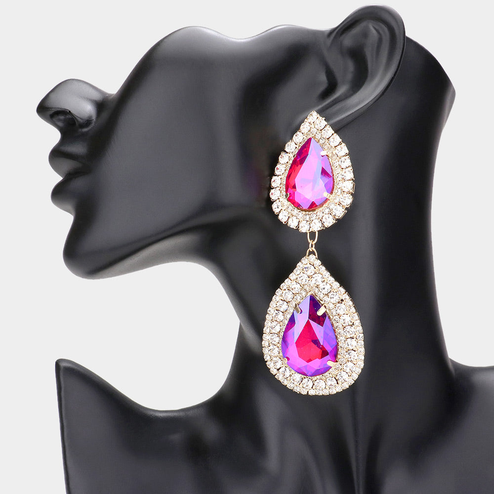 Purple AB Crystal Double Teardrop Link Pageant Earrings | Prom Earrings | 589214