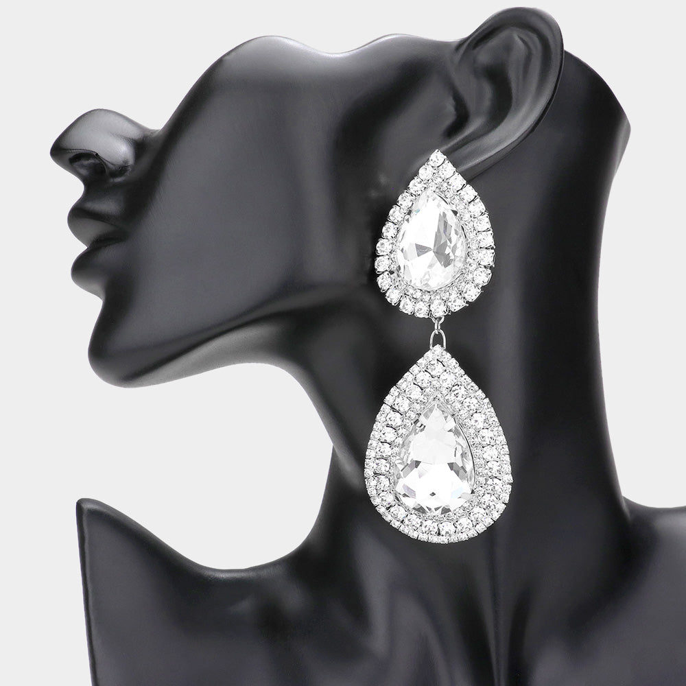 Clear Crystal Double Teardrop Link Pageant Earrings | Prom Earrings