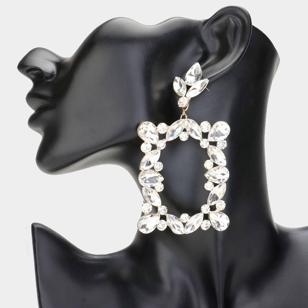 Clear Stone Open Rectangle Dangle Pageant Earrings on Gold | Prom Earrings