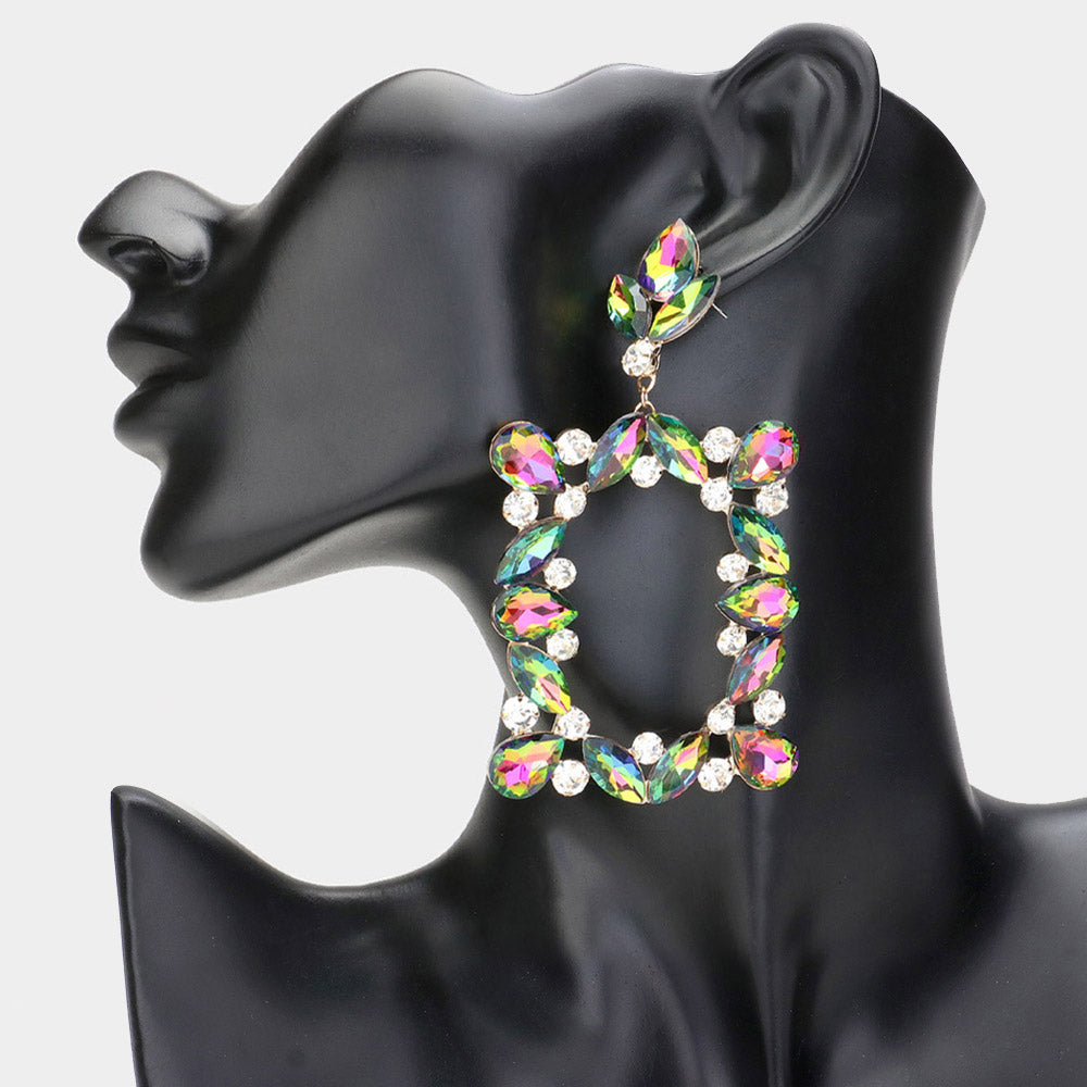 Multi-Color Stone Open Rectangle Dangle Pageant Earrings  | Prom Earrings