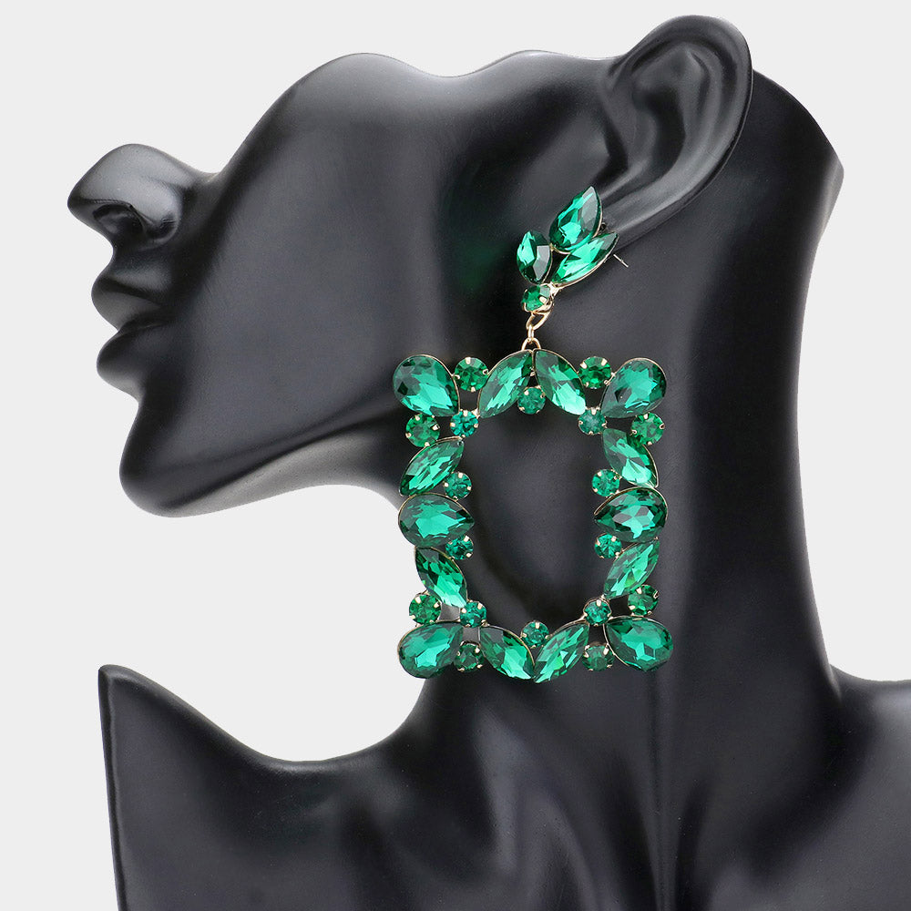 Emerald Stone Open Rectangle Dangle Pageant Earrings on Gold | Prom Earrings