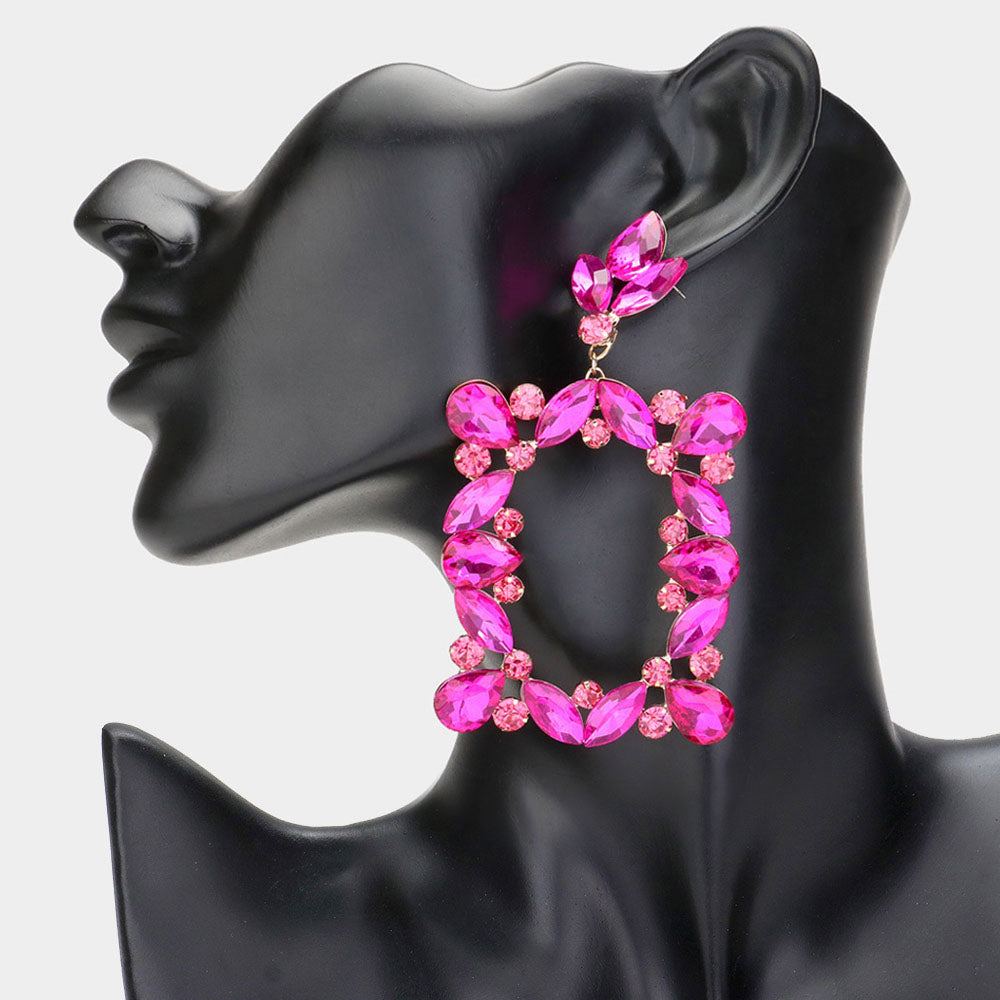 Fuchsia Stone Open Rectangle Dangle Pageant Earrings | Prom Earrings
