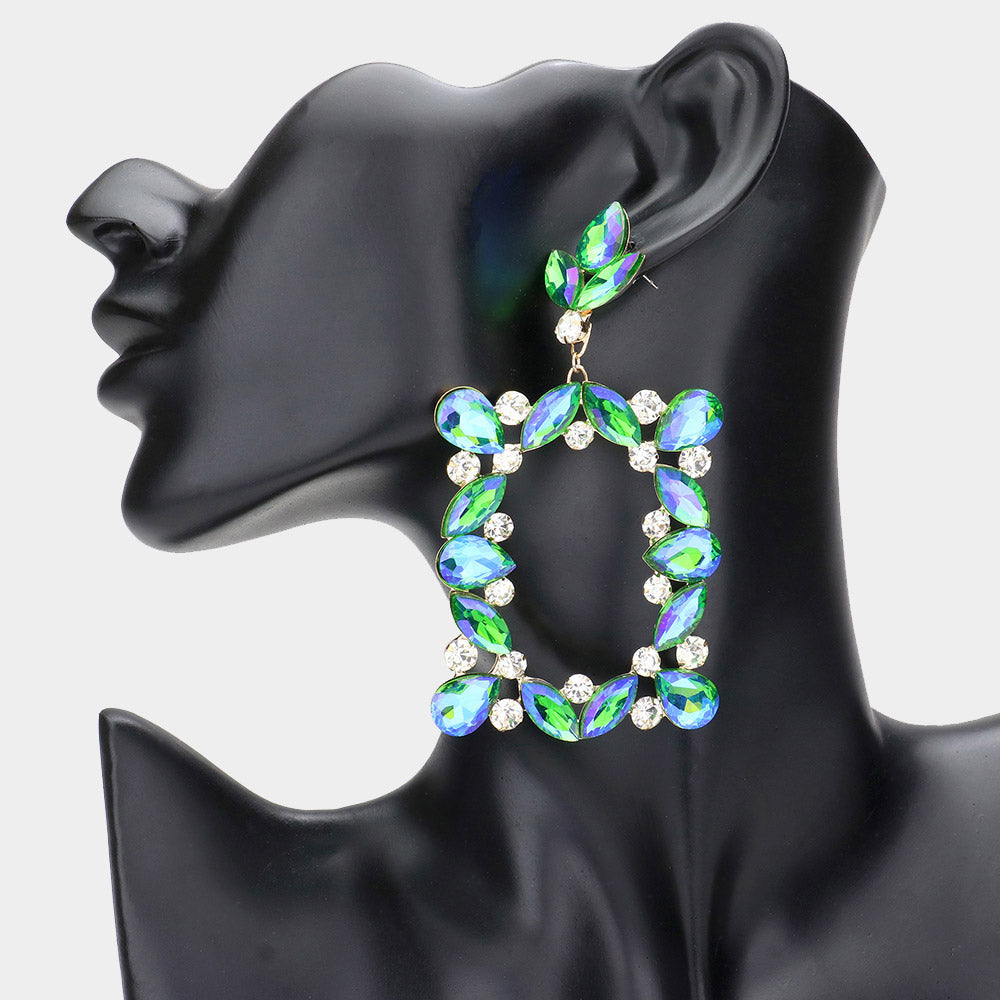 Green AB Stone Open Rectangle Dangle Pageant Earrings | Prom Earrings