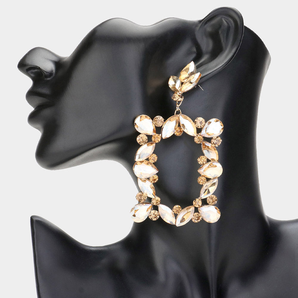 Gold Stone Open Rectangle Dangle Pageant Earrings | Prom Earrings