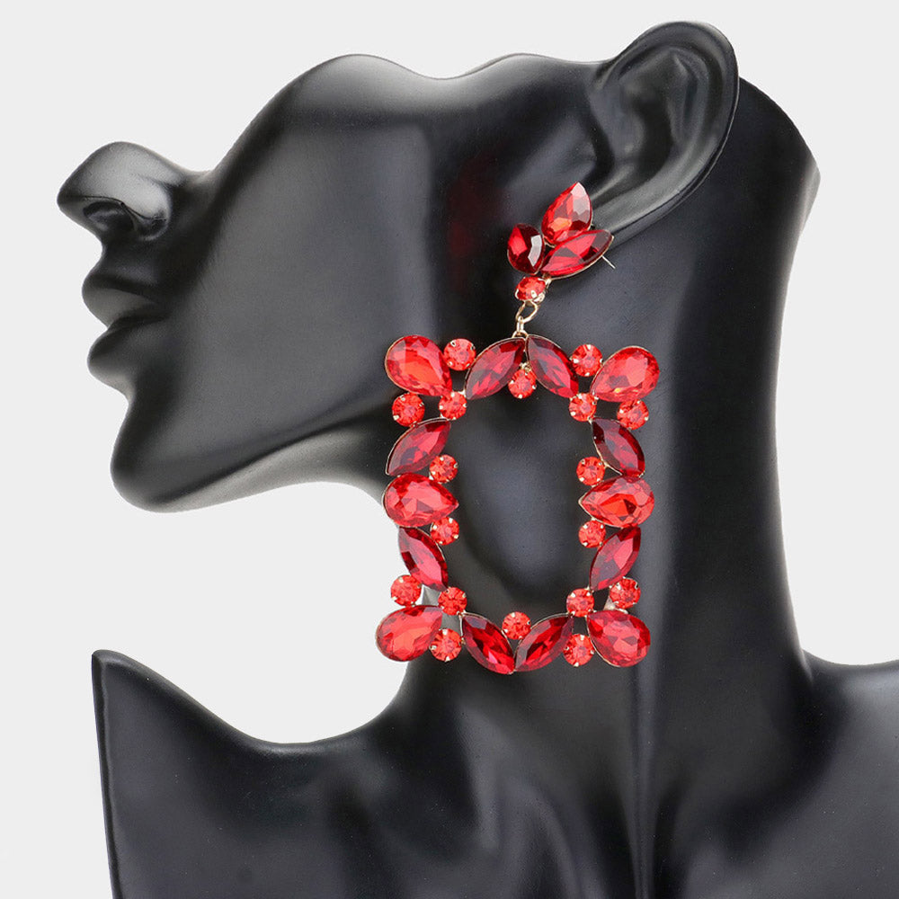 Red Stone Open Rectangle Dangle Pageant Earrings | Prom Earrings