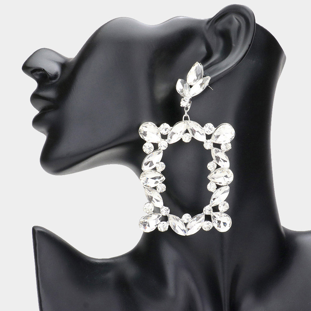 Clear Stone Open Rectangle Dangle Pageant Earrings | Prom Earrings
