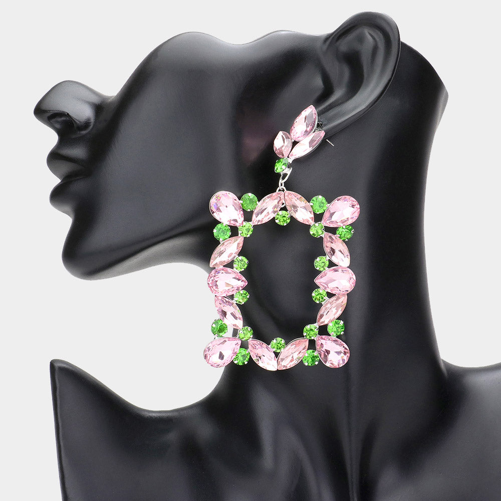 Pink & Green Stone Open Rectangle Dangle Pageant Earrings | Prom Earrings