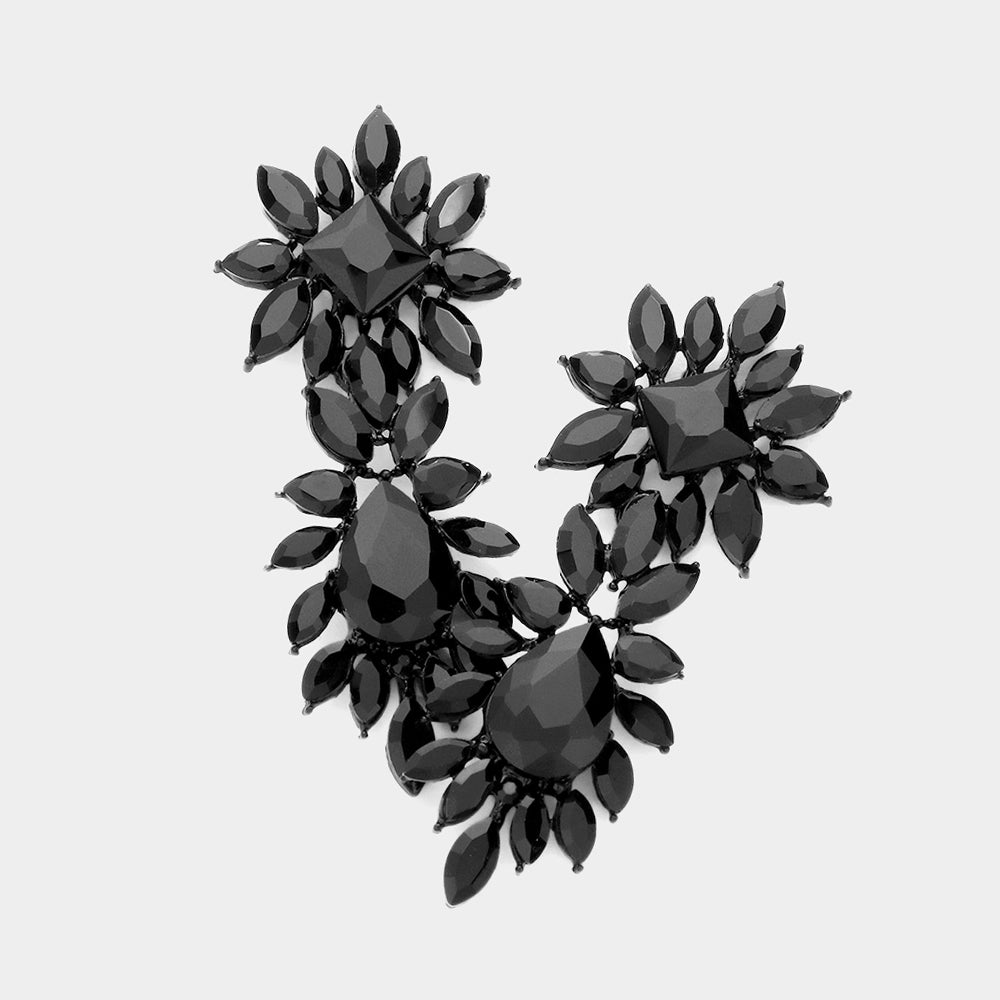Jet Black Square and Teardrop Stone Dangle Earrings  | Prom Earrings