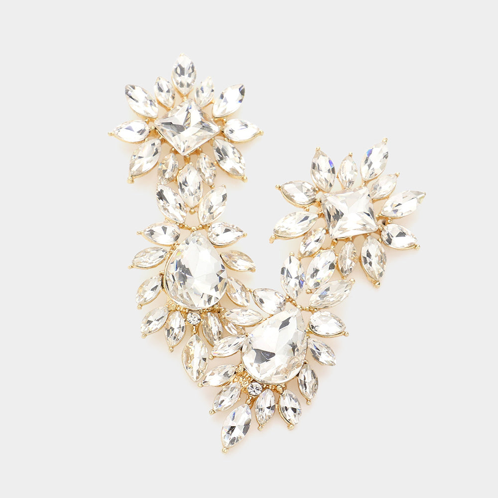 Clear Square and Teardrop Stone Dangle Earrings on Gold | Prom Earrings