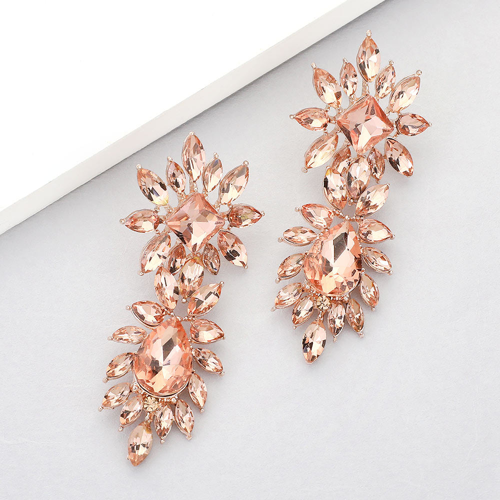 Peach Square and Teardrop Stone Dangle Earrings on Rose Gold  | Prom Earrings