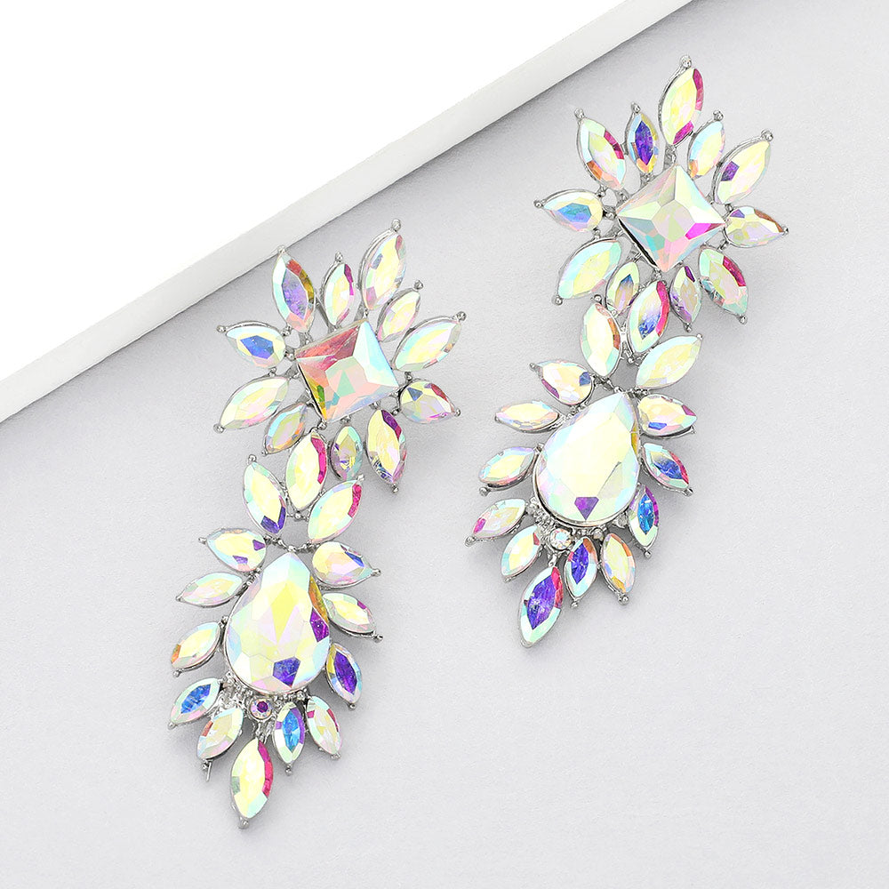 AB Square and Teardrop Stone Dangle Earrings on Silver  | Prom Earrings