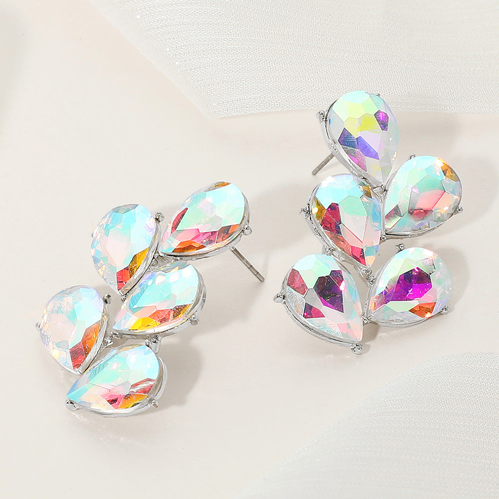 AB teardrop cluster earrings with rainbow shimmer for prom, pageant, or weddings on a light background.