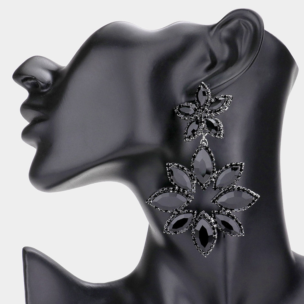 Jet Black Double Floral Drop Dangle Pageant Earrings | Black Prom Earrings
