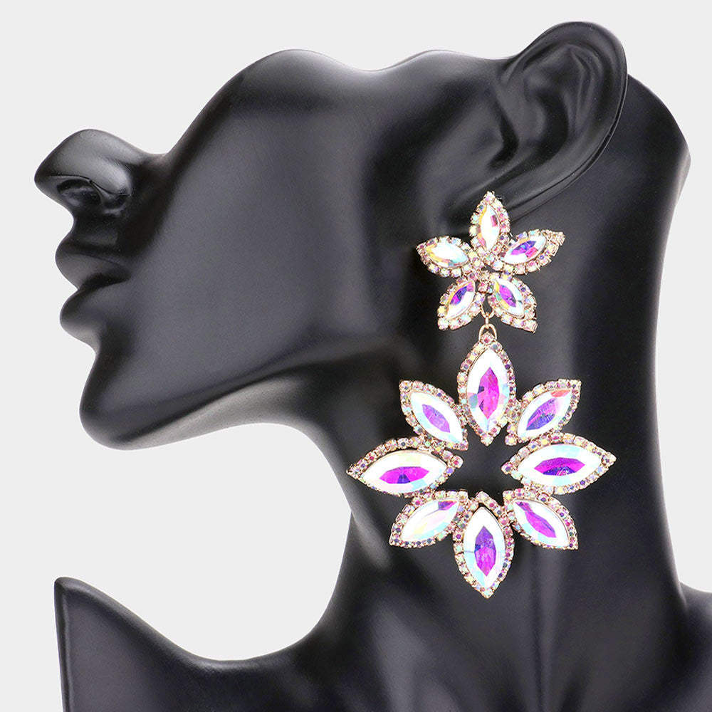 AB Double Floral Drop Dangle Pageant Earrings on Gold | AB Prom Earrings
