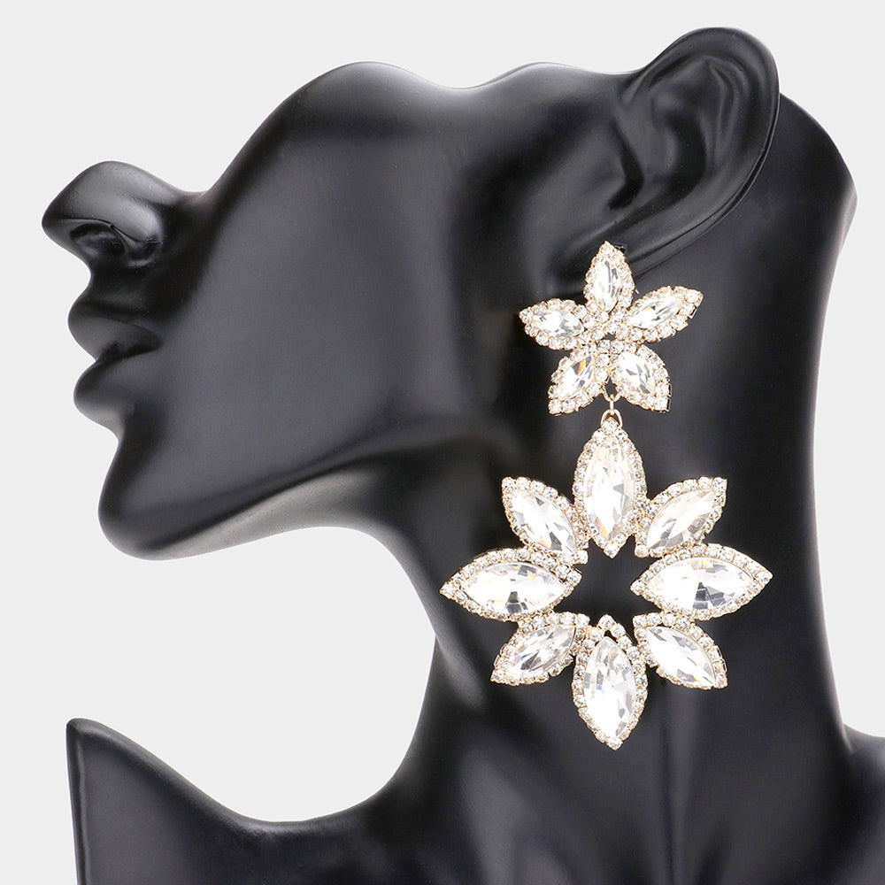 Clear Double Floral Drop Dangle Pageant Earrings on Gold | Clear Prom Earrings
