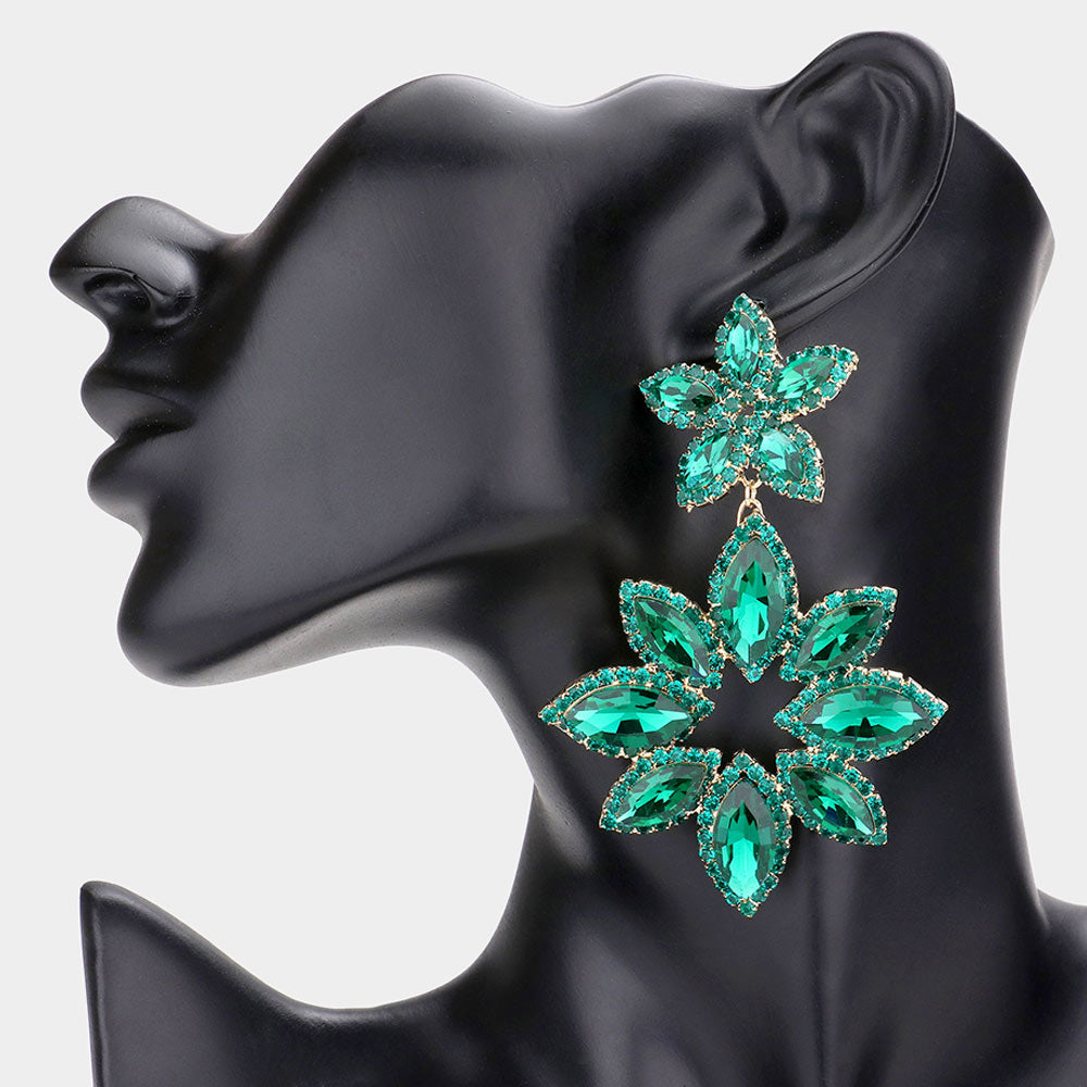 Emerald Double Floral Drop Dangle Pageant Earrings | Green Prom Earrings