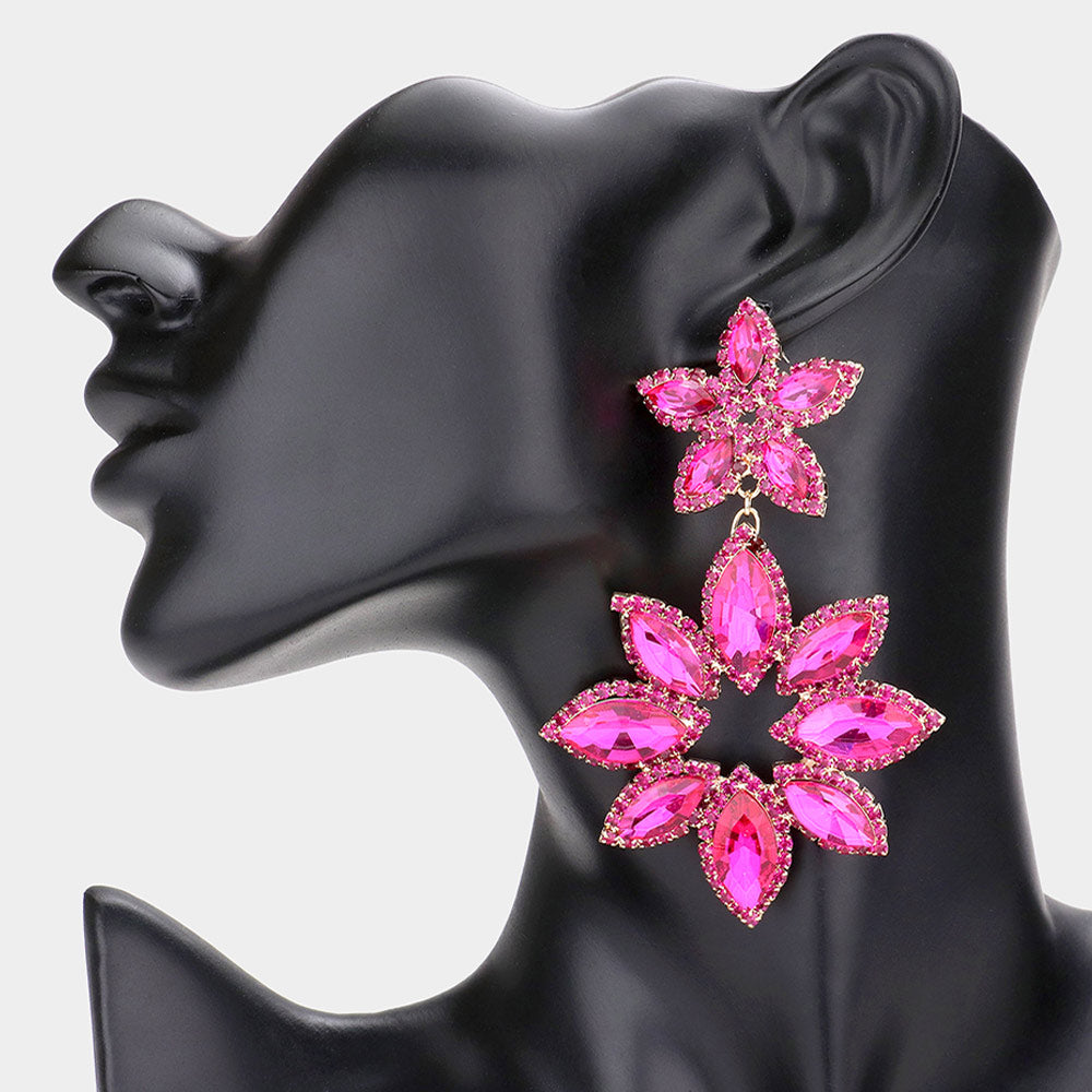 Fuchsia Double Floral Drop Dangle Pageant Earrings  | Fuchsia Prom Earrings