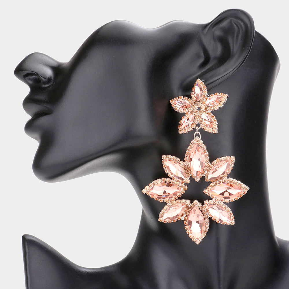 Peach Stone Double Floral Drop Dangle Pageant Earrings  | Peach Prom Earrings