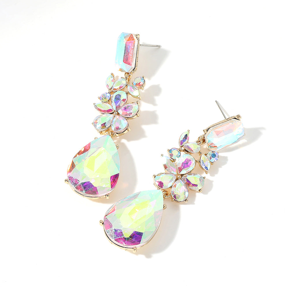 Multi Shaped Stone AB Pageant Drop Earrings on Gold | AB Prom Earrings