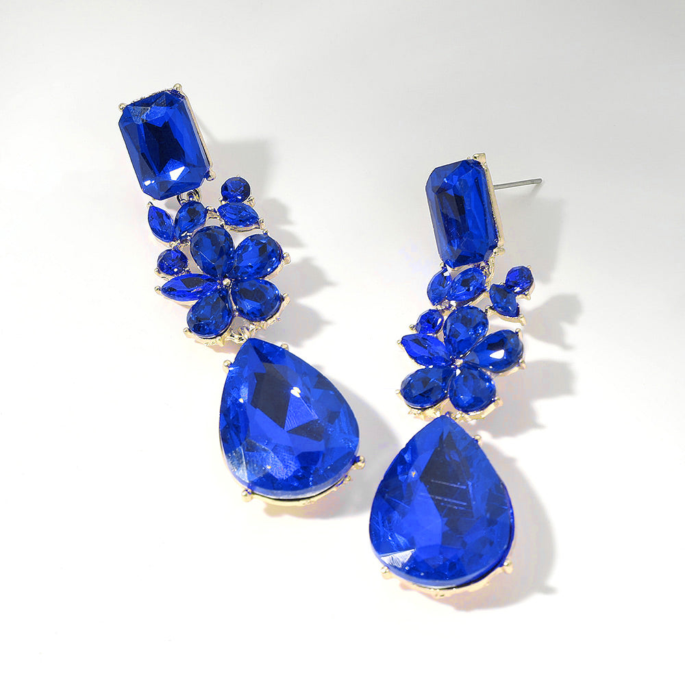 Multi Shaped Stone Sapphire Pageant Drop Earrings | Blue Prom Earrings