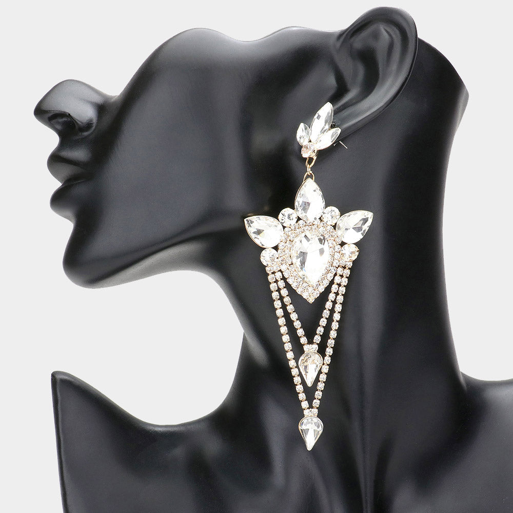 Elegant Clear Marquise Teardrop Chandelier Earrings on Gold | Statement Earrings