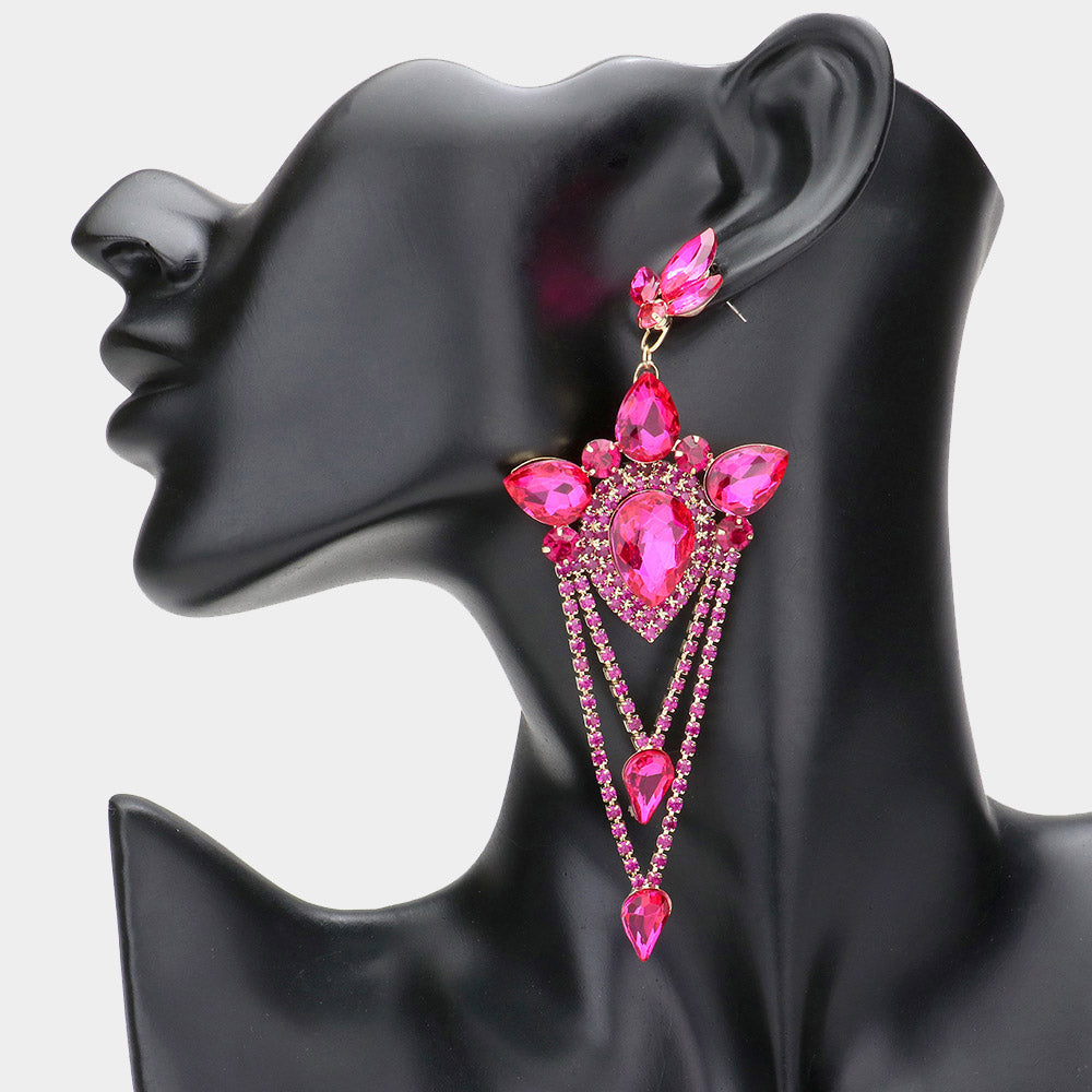 Elegant Fuchsia Marquise Teardrop Chandelier Earrings  | Statement Earrings