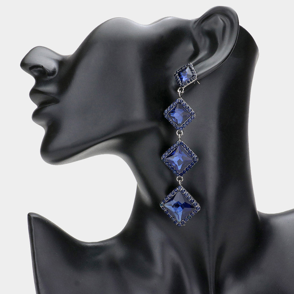 Variegated Navy Diamond Shape Stone Drop Pageant Earrings | Evening Earrings