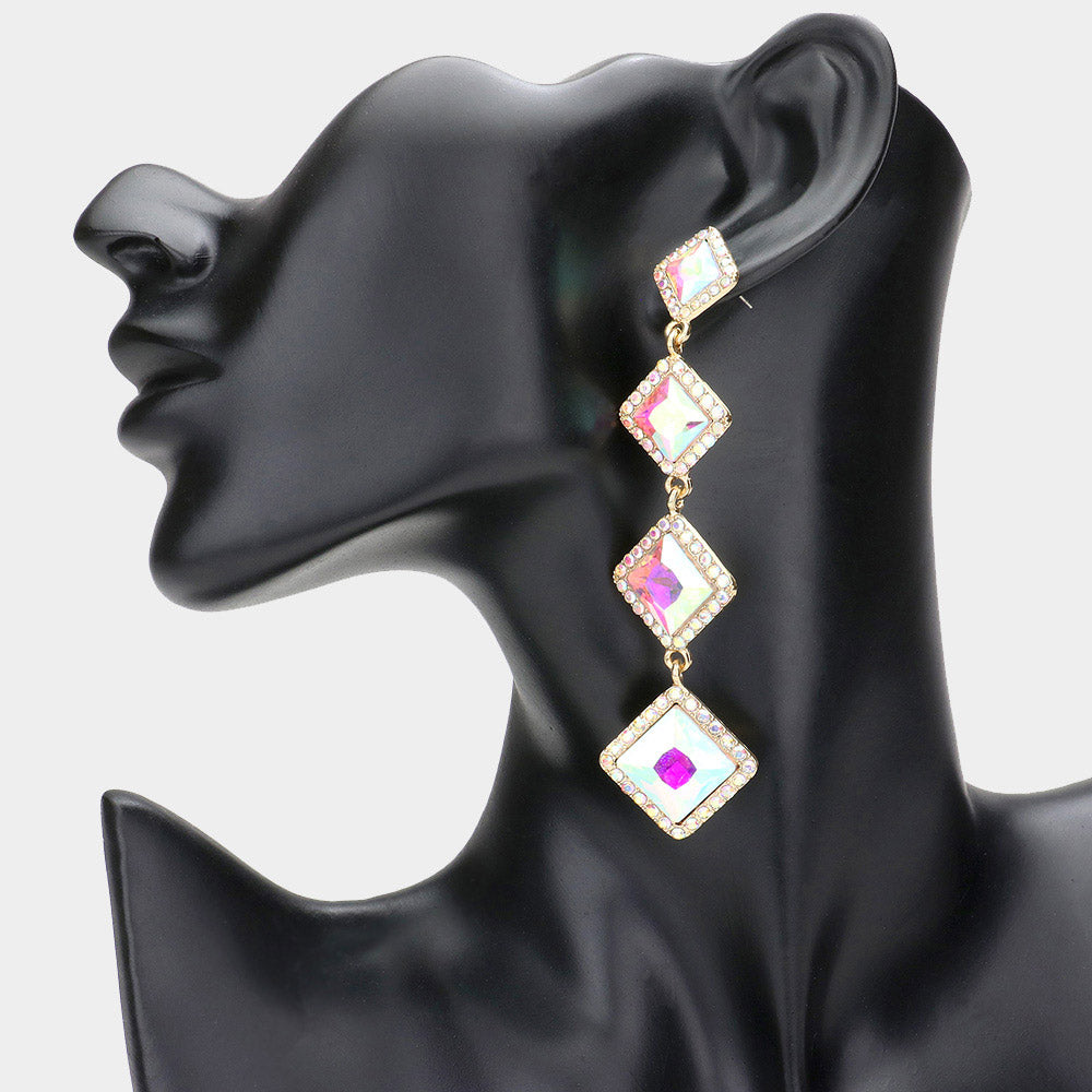 Variegated AB Diamond Shape Stone Drop Pageant Earrings on Gold | Evening Earrings