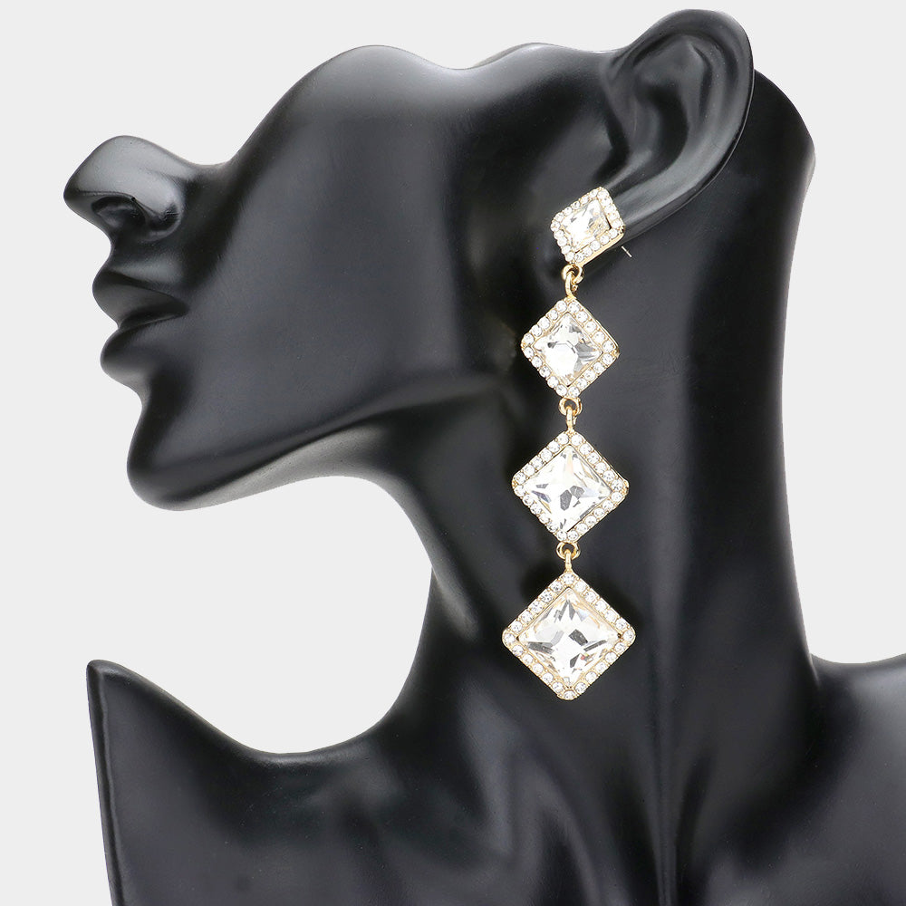 Variegated Clear Diamond Shape Stone Drop Pageant Earrings on Gold | Evening Earrings