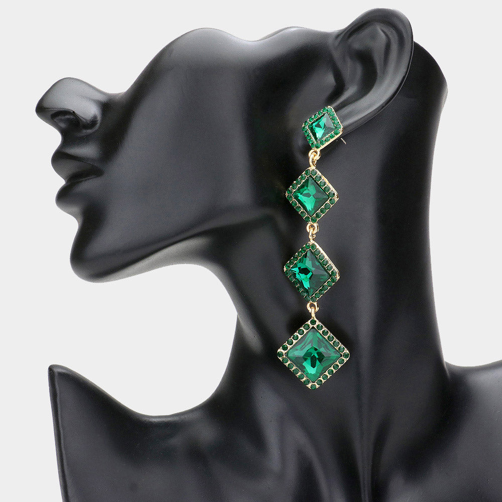 Variegated Emerald Diamond Shape Stone Drop Pageant Earrings  | Evening Earrings