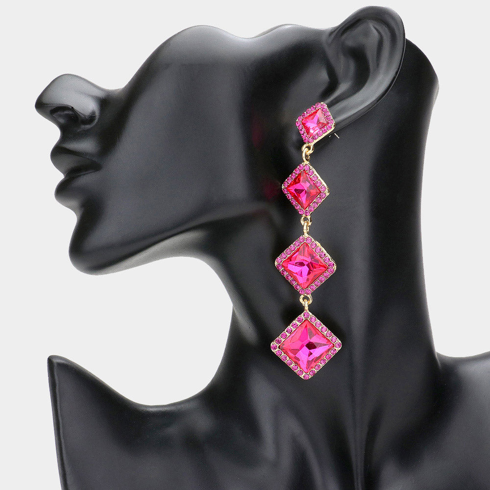 Variegated Fuchsia Diamond Shape Stone Drop Pageant Earrings | Evening Earrings