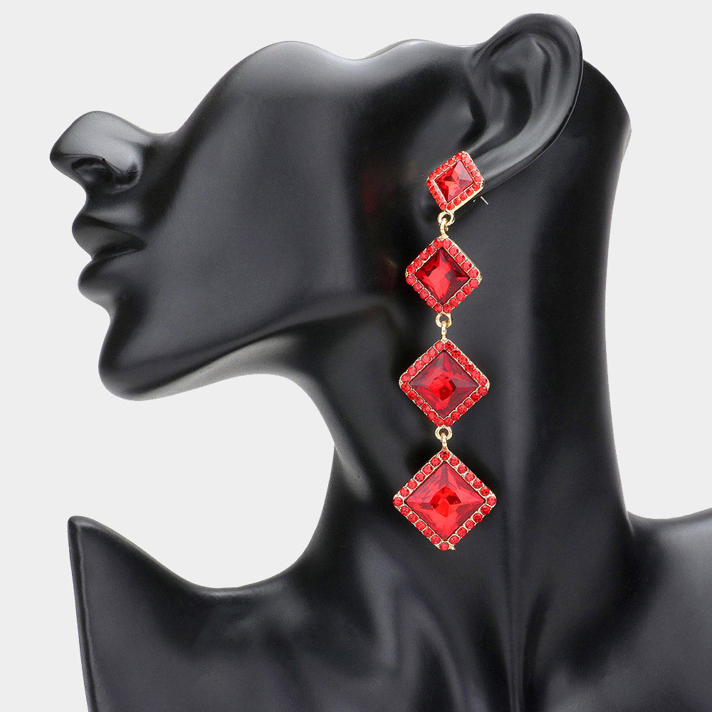 Variegated Red Diamond Shape Stone Drop Pageant Earrings  | Evening Earrings