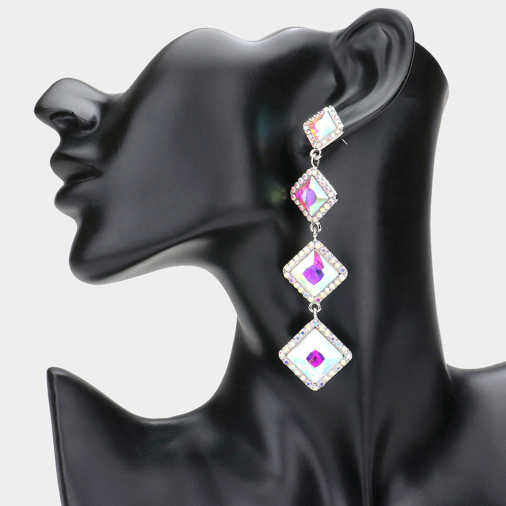 Variegated AB Diamond Shape Stone Drop Pageant Earrings  | Evening Earrings