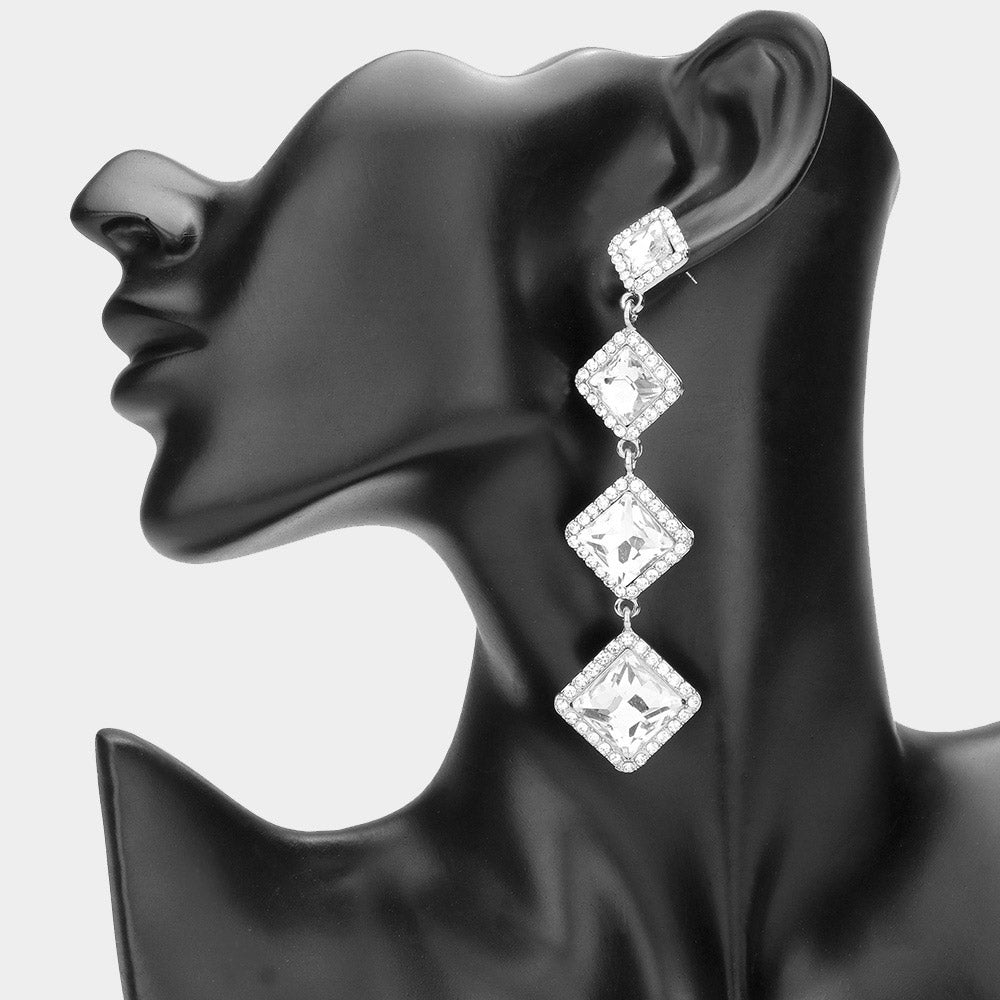 Variegated Clear Diamond Shape Stone Drop Pageant Earrings  | Evening Earrings