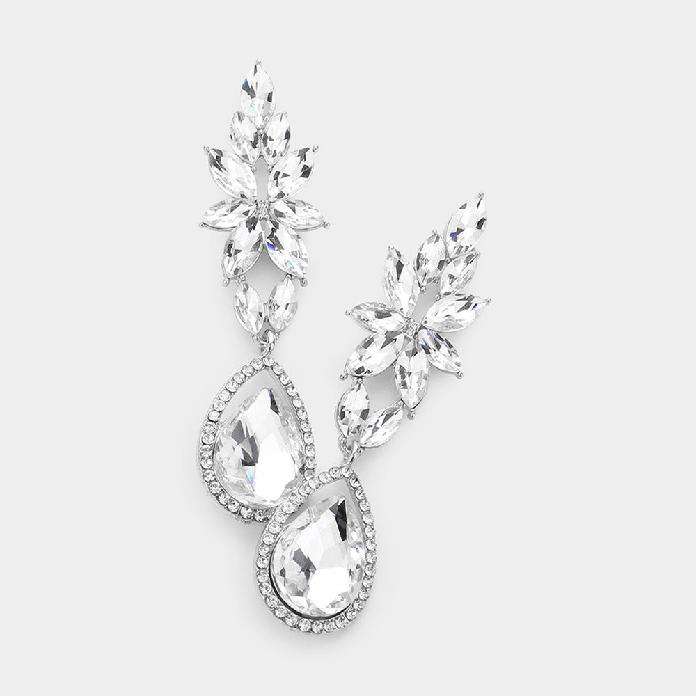 Clear Marquise and Teardrop Stone Dangle Pageant Earrings  |Clear Drop Earrings