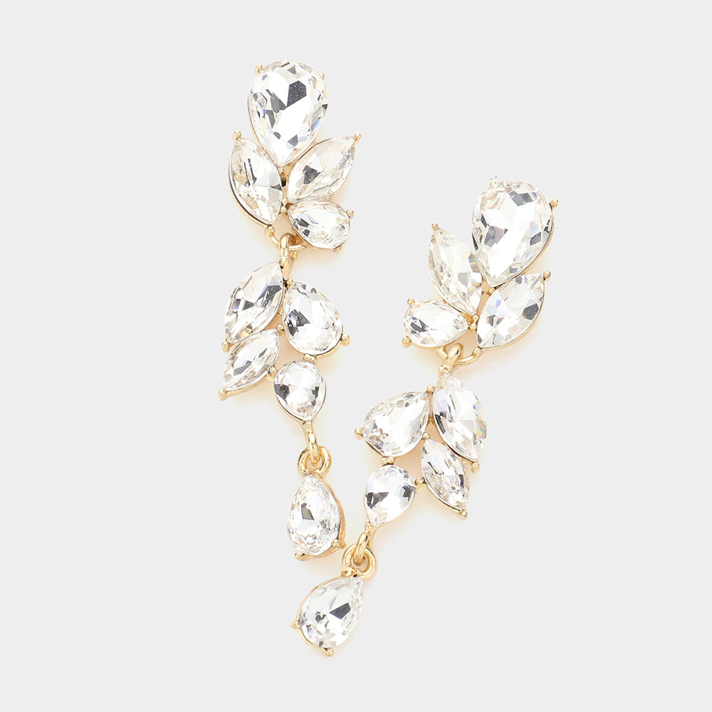 Clear Teardrop and Marquise Cluster Dangle Earrings on Gold | Pageant Jewelry | Prom Jewelry