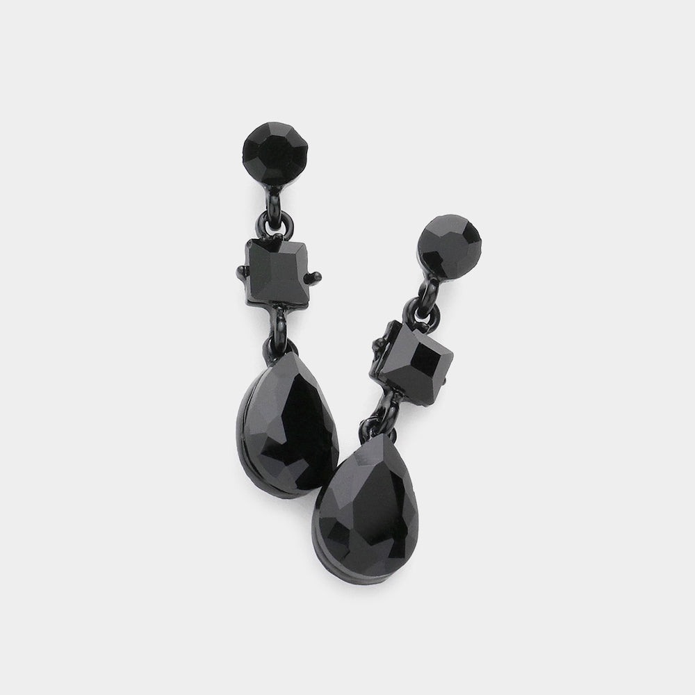 Jet Black Multi Stone Dangle Pageant Earrings | Small Jet Black Dangle Earrings