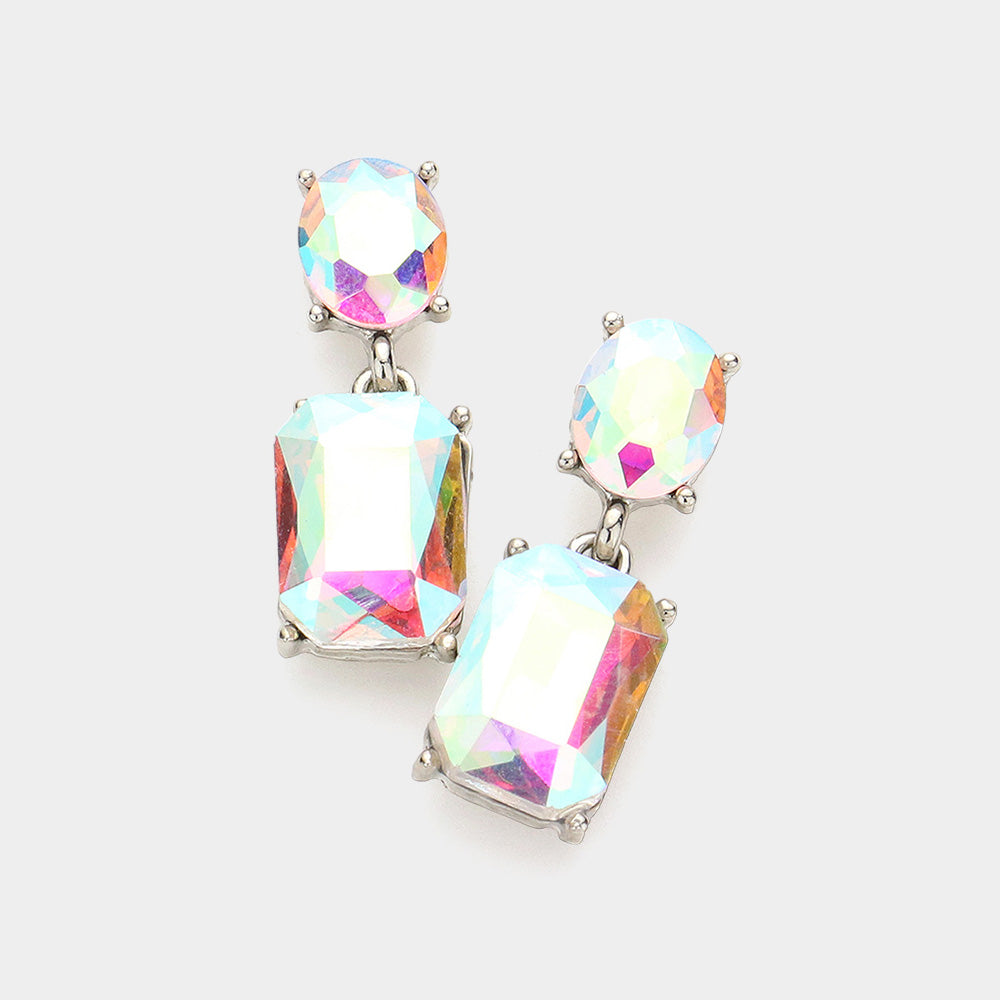Small Square AB Stone Dangle Pageant Earrings Silver  | Interview Earrings
