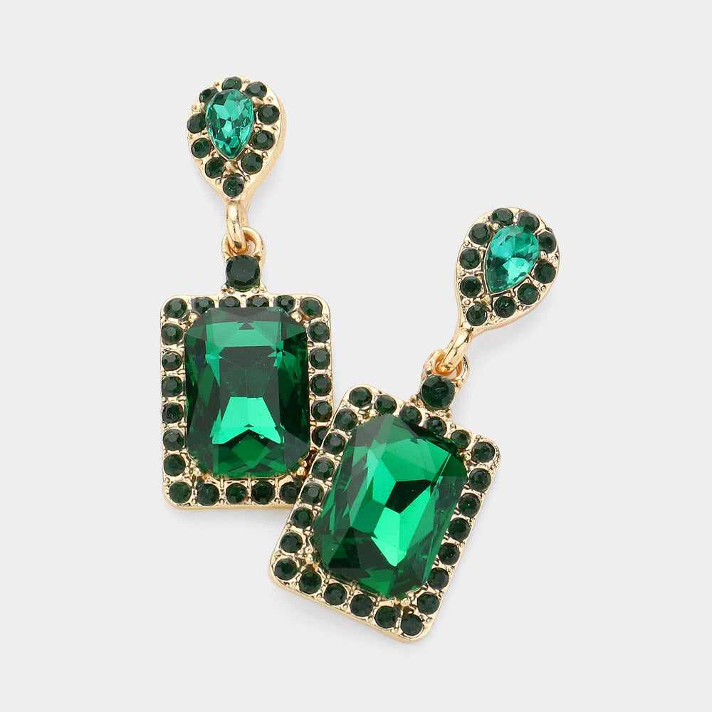 Small Emerald Square Stone and Rhinestone Edged Dangle Pageant Earrings  | Interview Earrings