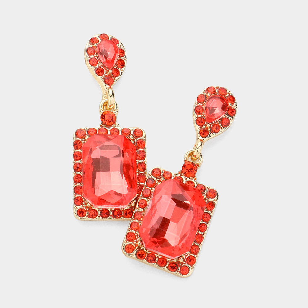 Small Coral Square Stone and Rhinestone Edged Dangle Pageant Earrings | Interview Earrings